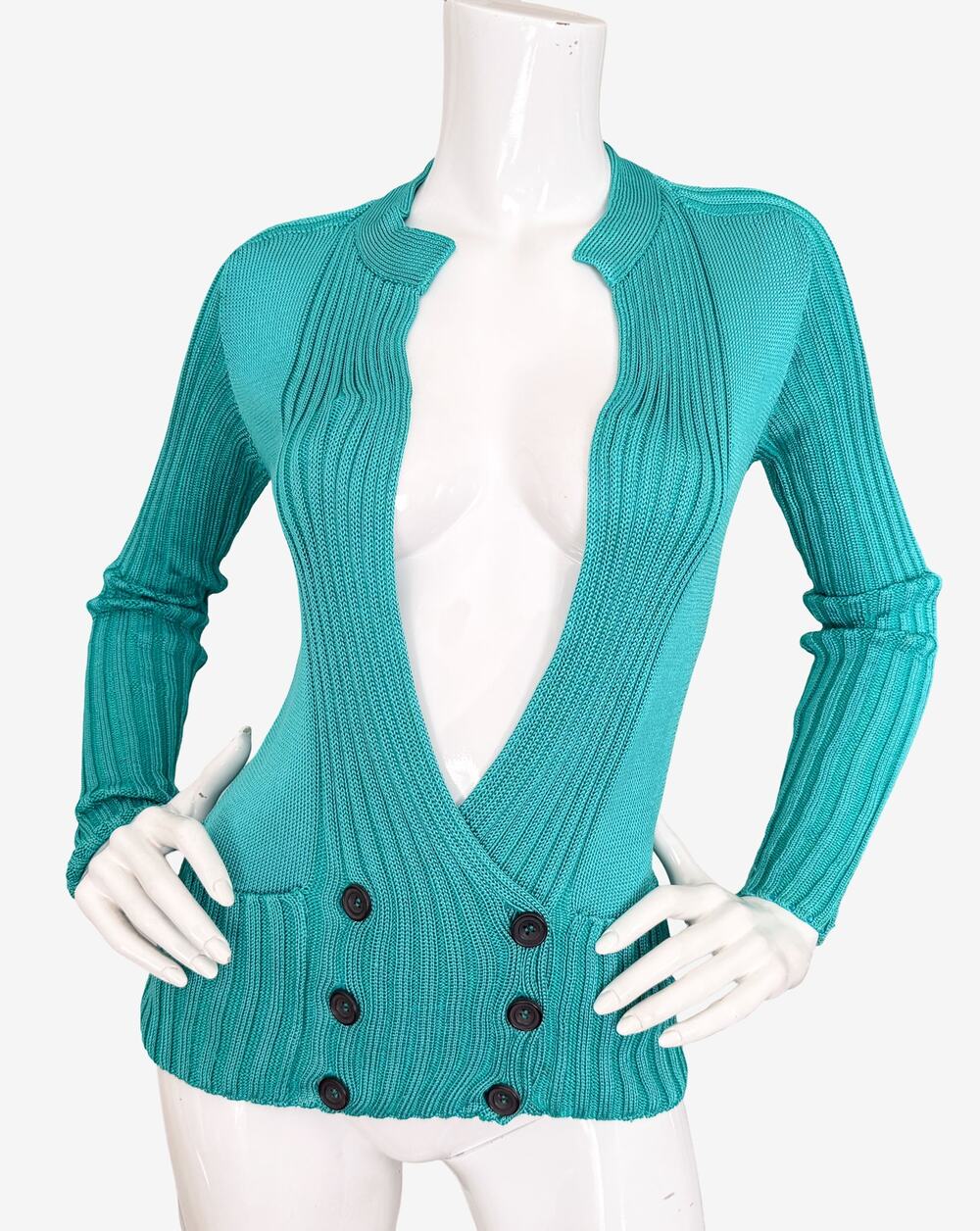 Vintage 1980s Missoni Turquoise Ribbed Knit Open-Front Plunging Cardigan